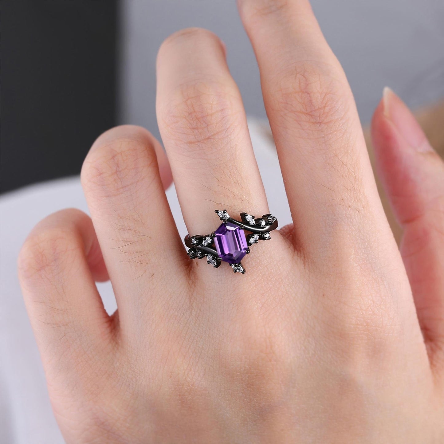 hexagon amethyst couple ring set tungsten ring, black gold amethyst engagement ring, his and hers wedding band promise ring - anerjuly