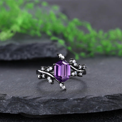 hexagon amethyst couple ring set tungsten ring, black gold amethyst engagement ring, his and hers wedding band promise ring - anerjuly