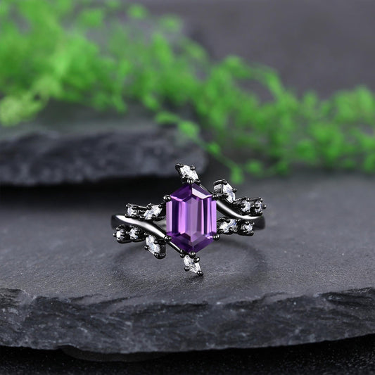 hexagon amethyst couple ring set tungsten ring, black gold amethyst engagement ring, his and hers wedding band promise ring - anerjuly