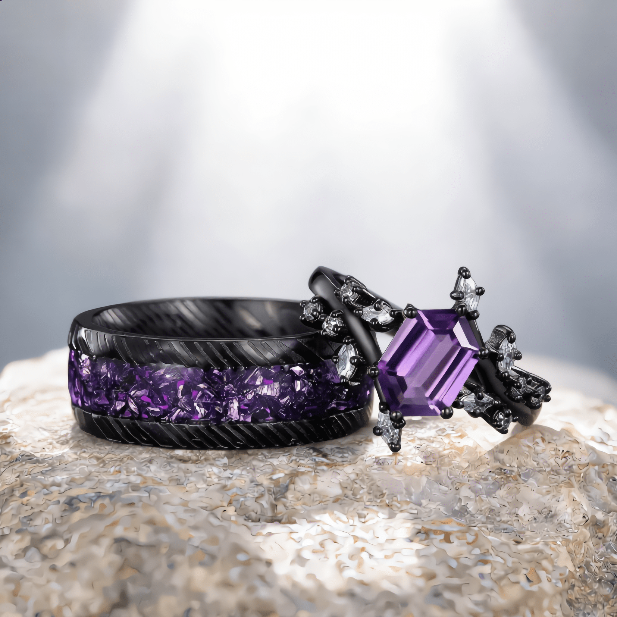 hexagon amethyst couple ring set tungsten ring his and hers wedding band promise ring - anerjuly
