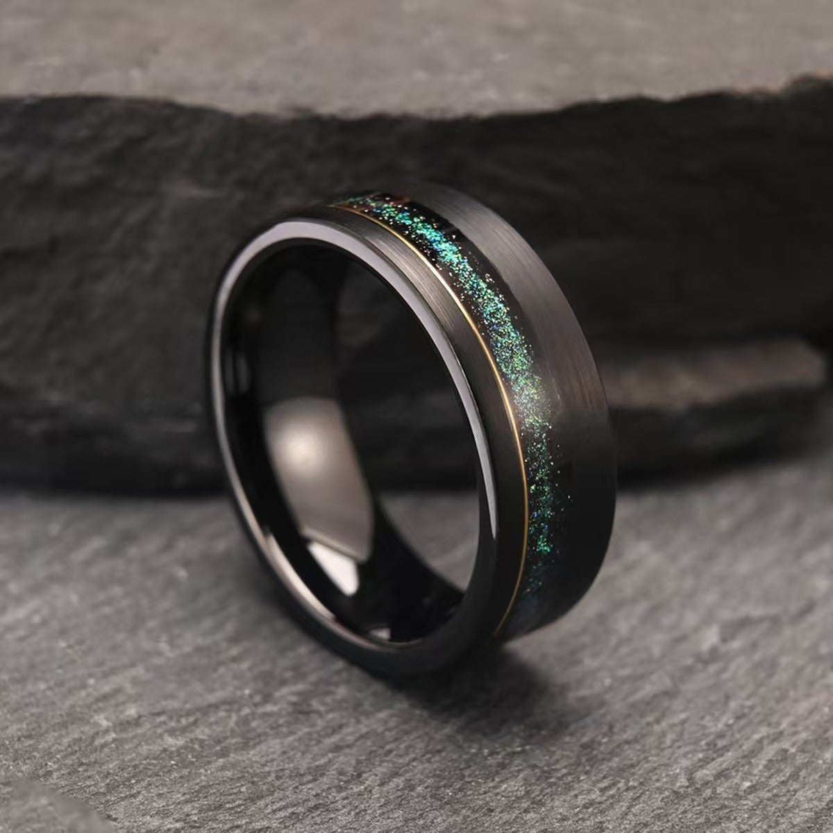 Hexagon Cut Black Emerald Gold Couple Rings Tungsten Wedding Band Promise Ring - anerjuly