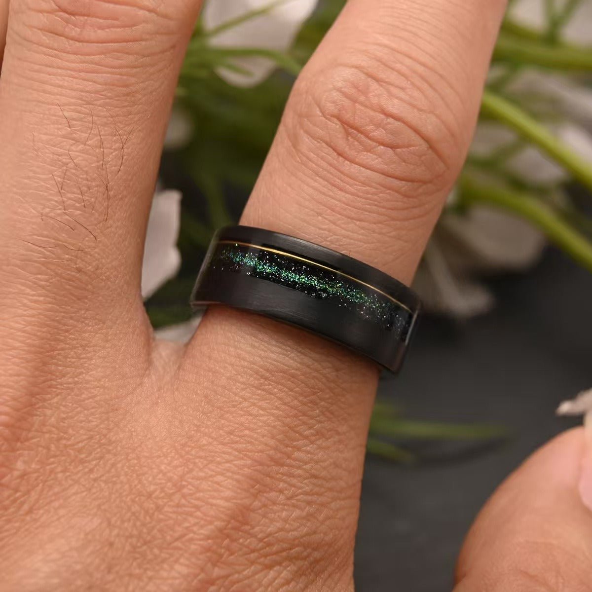Hexagon Cut Black Emerald Gold Couple Rings Tungsten Wedding Band Promise Ring - anerjuly