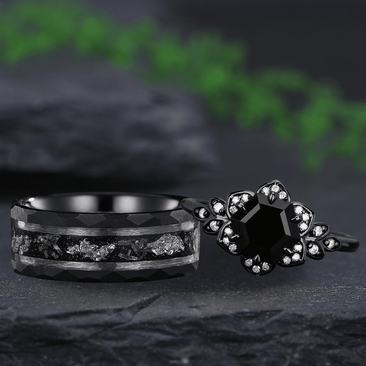 Hexagon Cut Black Rutilated Quartz Couple Ring Set His and Her Vintage Ring for Men and Women Ring - anerjuly