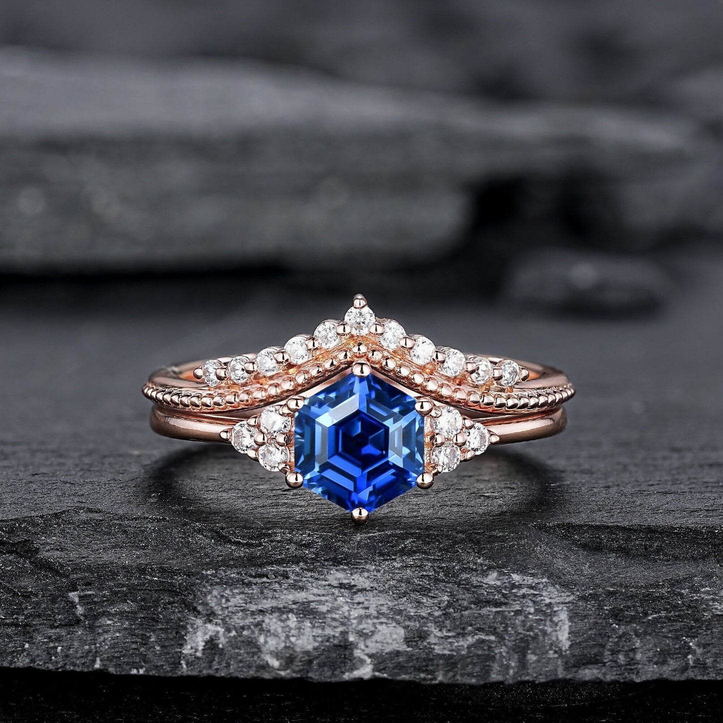 Hexagon Cut Blue Sapphire Engagement Ring Set, Unique Rose Gold Chevron Bridal Set, Curved Promise Wedding Ring Set for Women - anerjuly