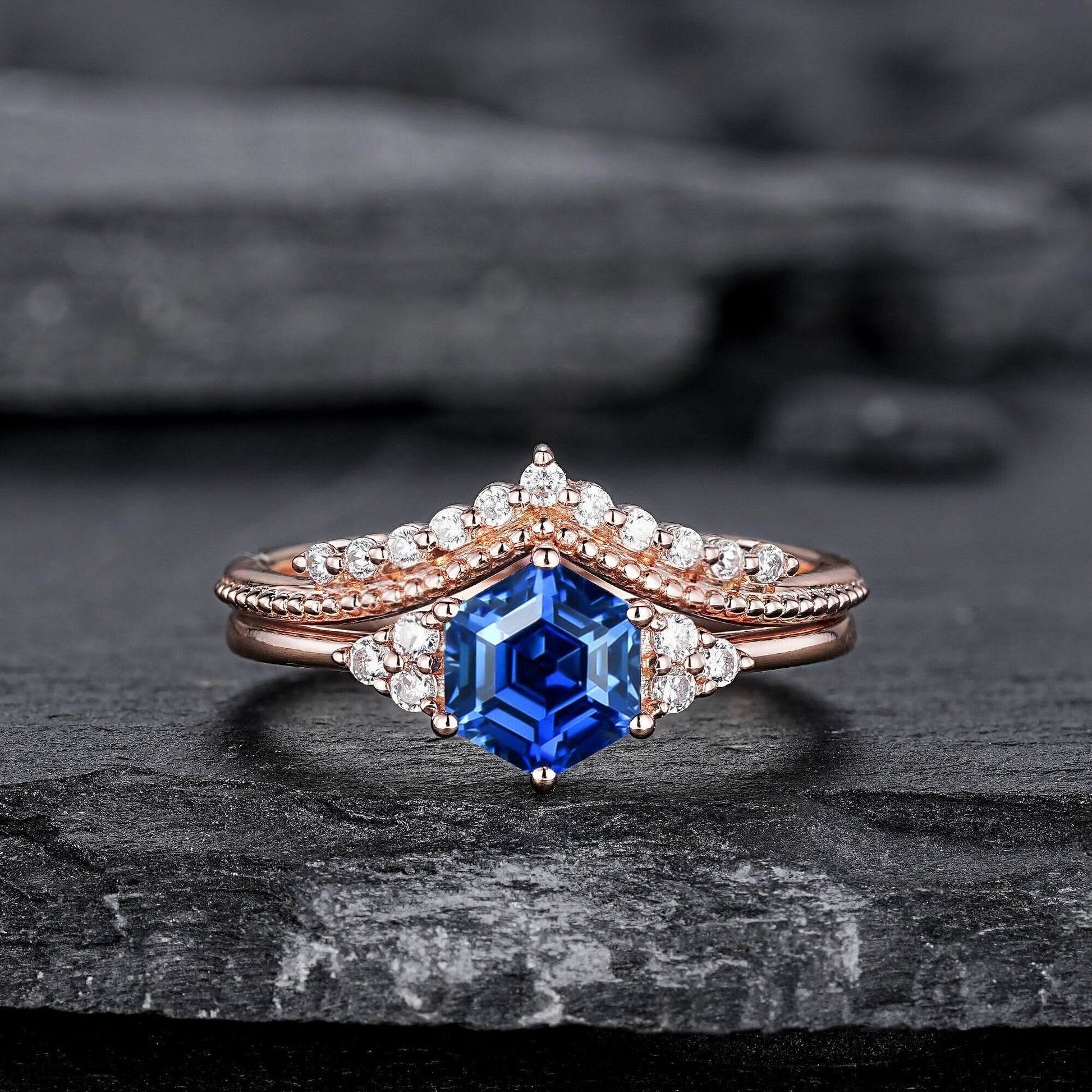 Hexagon Cut Blue Sapphire Engagement Ring Set, Unique Rose Gold Chevron Bridal Set, Curved Promise Wedding Ring Set for Women - anerjuly