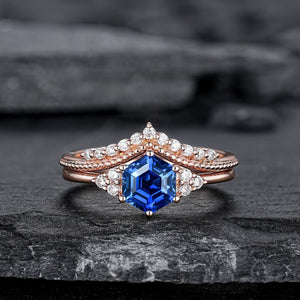 Hexagon Cut Blue Sapphire Engagement Ring Set, Unique Rose Gold Chevron Bridal Set, Curved Promise Wedding Ring Set for Women - anerjuly