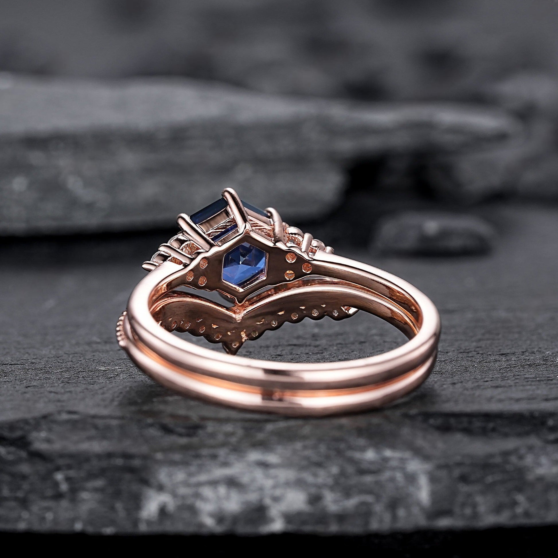 Hexagon Cut Blue Sapphire Engagement Ring Set, Unique Rose Gold Chevron Bridal Set, Curved Promise Wedding Ring Set for Women - anerjuly