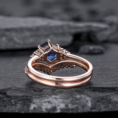 Hexagon Cut Blue Sapphire Engagement Ring Set, Unique Rose Gold Chevron Bridal Set, Curved Promise Wedding Ring Set for Women - anerjuly