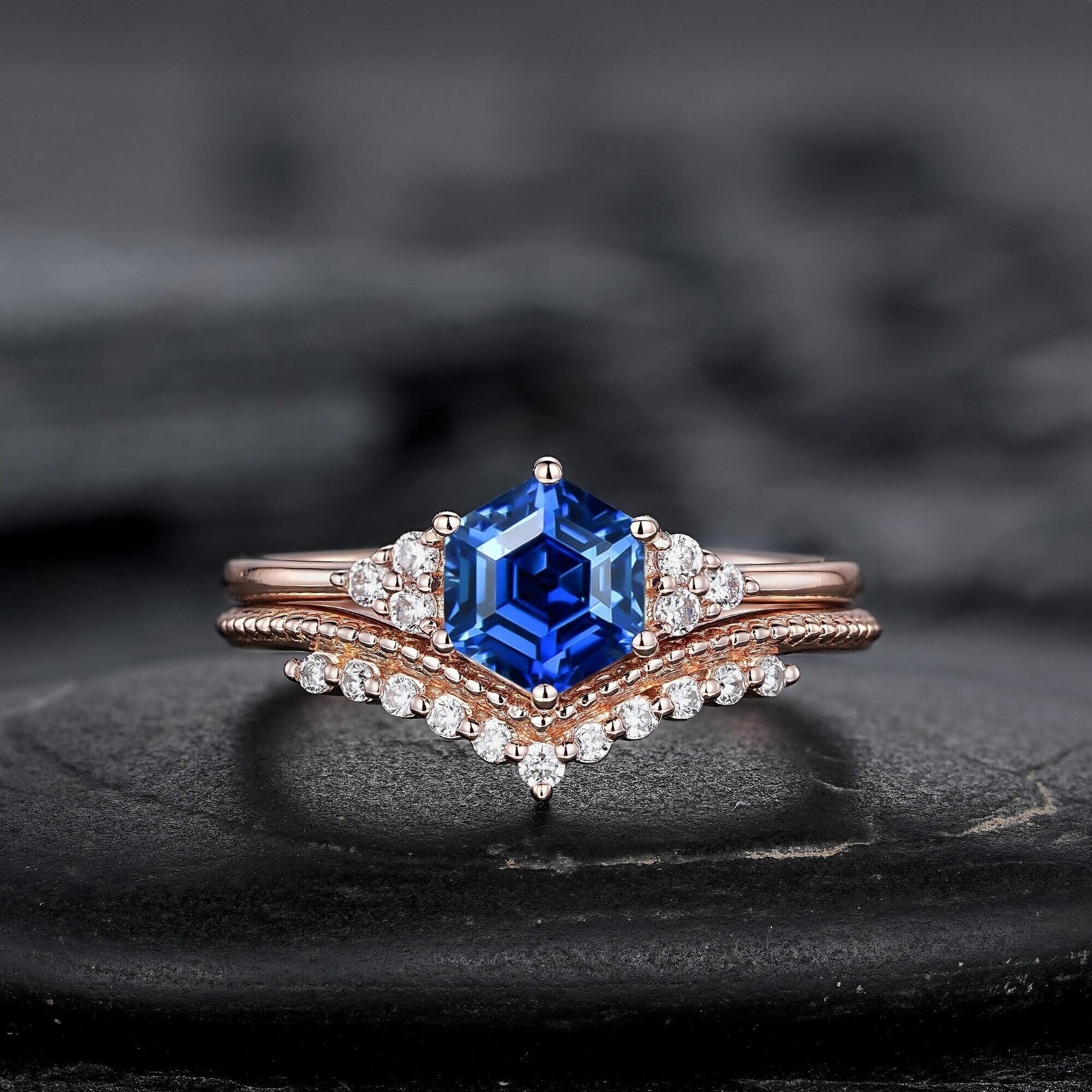 Hexagon Cut Blue Sapphire Engagement Ring Set, Unique Rose Gold Chevron Bridal Set, Curved Promise Wedding Ring Set for Women - anerjuly