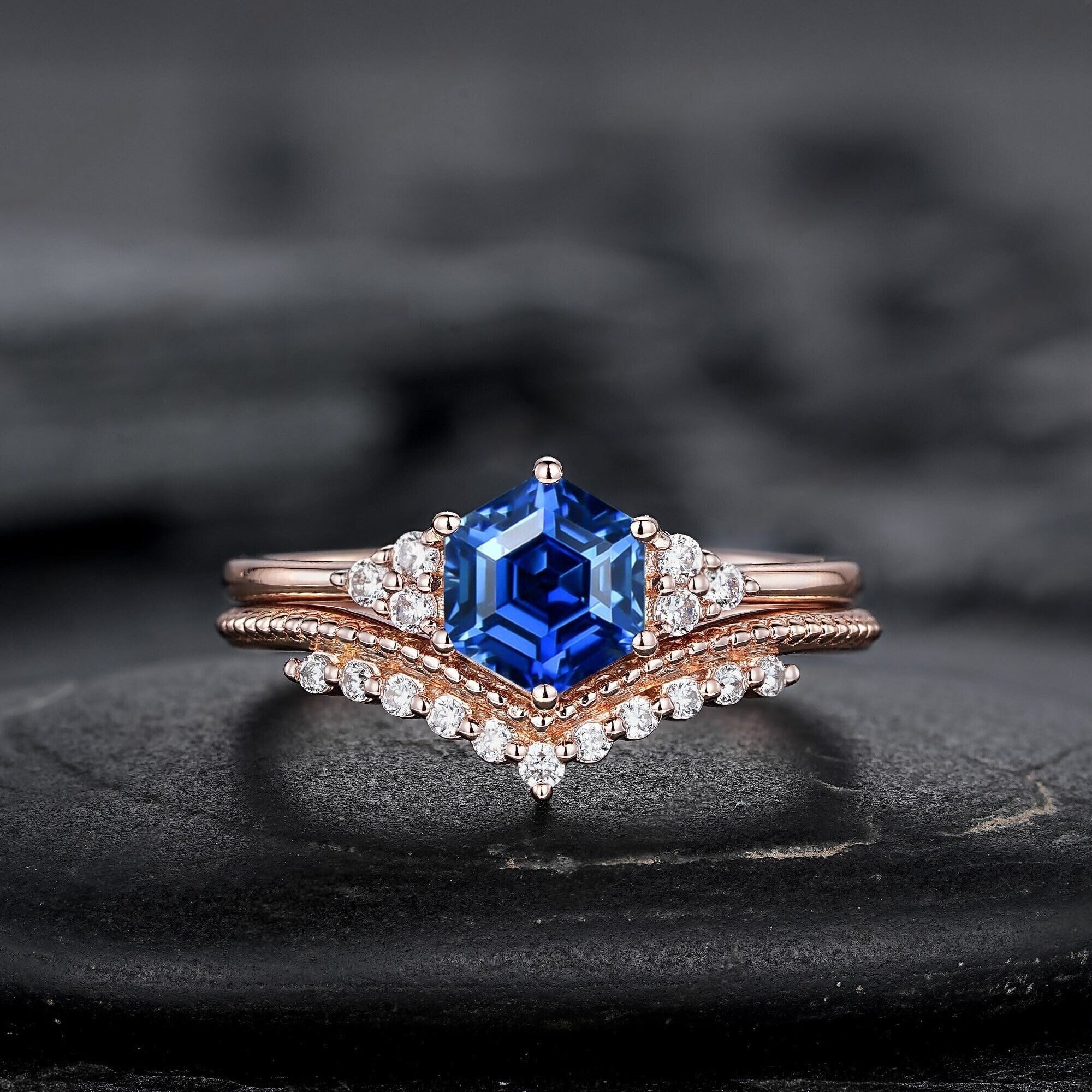 Hexagon Cut Blue Sapphire Engagement Ring Set, Unique Rose Gold Chevron Bridal Set, Curved Promise Wedding Ring Set for Women - anerjuly