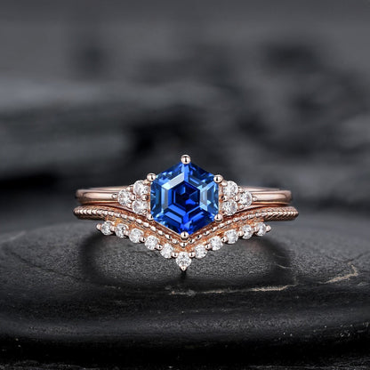 Hexagon Cut Blue Sapphire Engagement Ring Set, Unique Rose Gold Chevron Bridal Set, Curved Promise Wedding Ring Set for Women - anerjuly