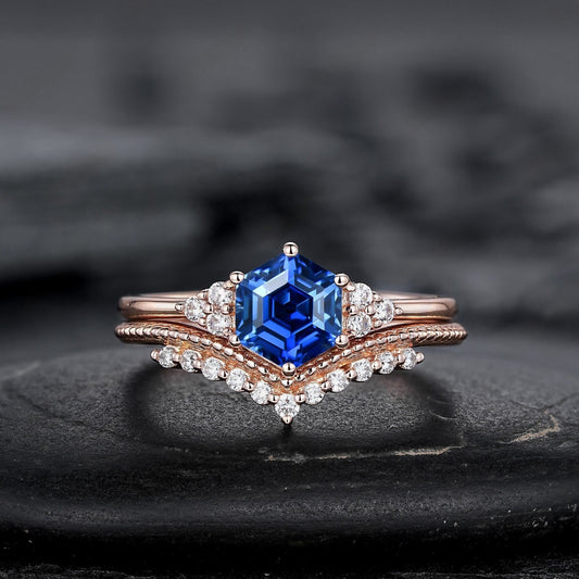 Hexagon Cut Blue Sapphire Engagement Ring Set, Unique Rose Gold Chevron Bridal Set, Curved Promise Wedding Ring Set for Women - anerjuly