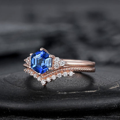 Hexagon Cut Blue Sapphire Engagement Ring Set, Unique Rose Gold Chevron Bridal Set, Curved Promise Wedding Ring Set for Women - anerjuly