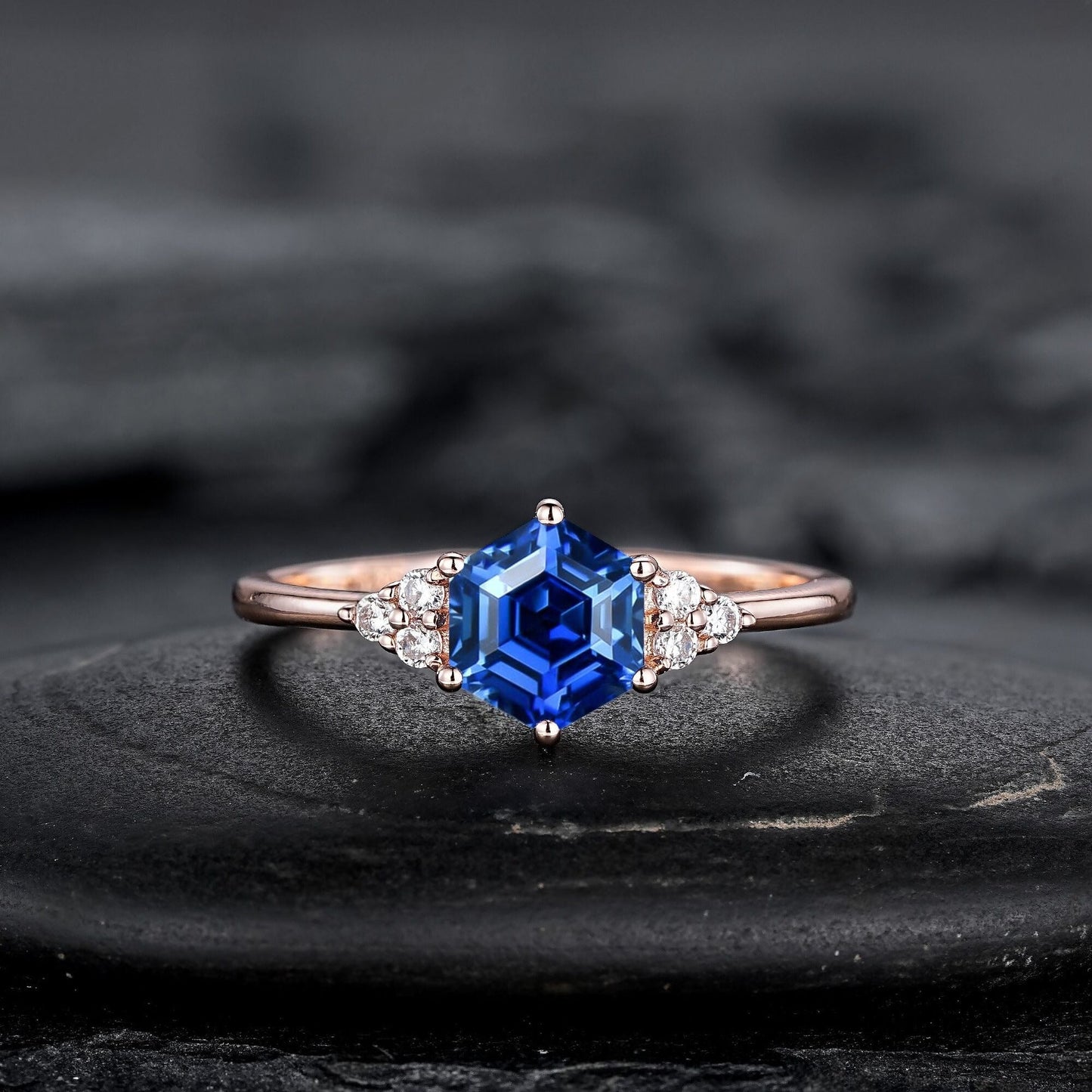Hexagon Cut Blue Sapphire Engagement Ring Set, Unique Rose Gold Chevron Bridal Set, Curved Promise Wedding Ring Set for Women - anerjuly