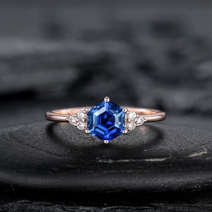 Hexagon Cut Blue Sapphire Engagement Ring Set, Unique Rose Gold Chevron Bridal Set, Curved Promise Wedding Ring Set for Women - anerjuly