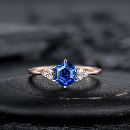 Hexagon Cut Blue Sapphire Engagement Ring Set, Unique Rose Gold Chevron Bridal Set, Curved Promise Wedding Ring Set for Women - anerjuly