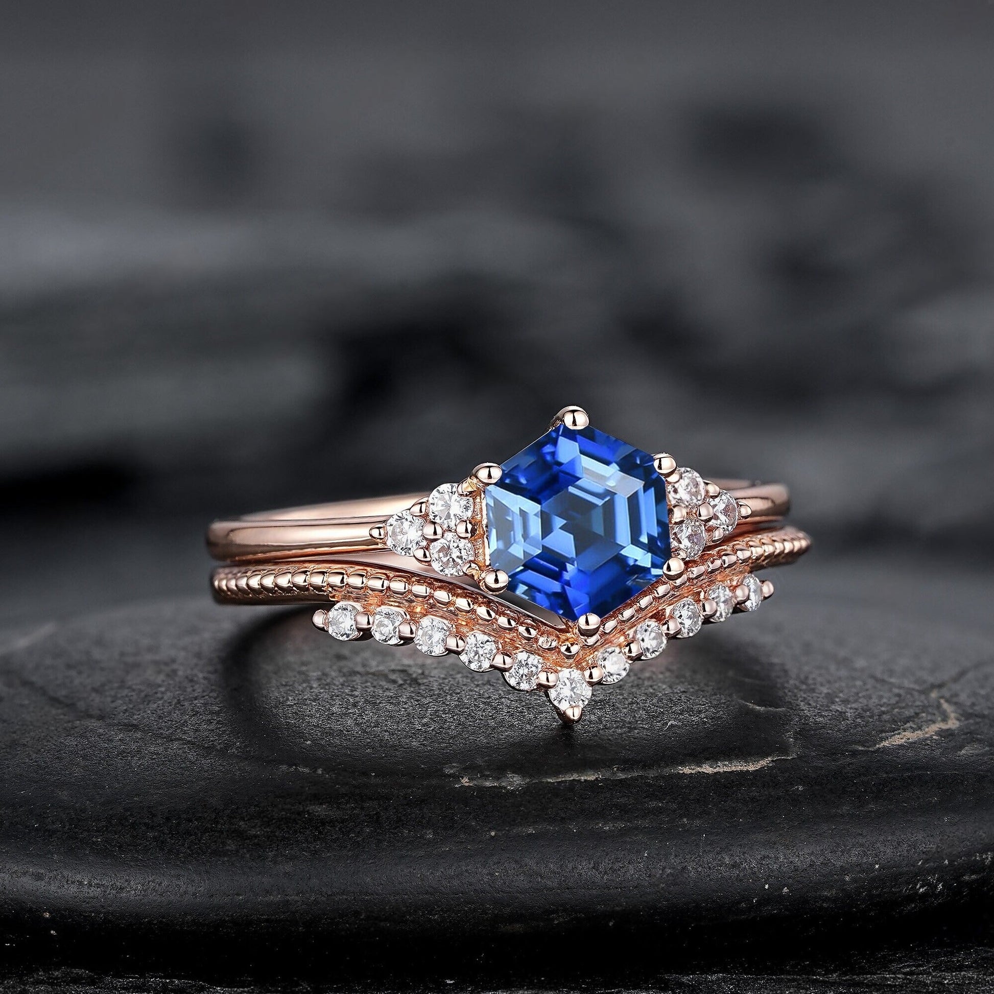 Hexagon Cut Blue Sapphire Engagement Ring Set, Unique Rose Gold Chevron Bridal Set, Curved Promise Wedding Ring Set for Women - anerjuly