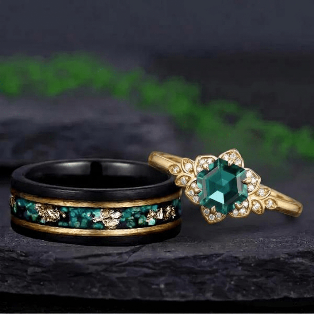 Hexagon Cut Leaf Emerald & Tungsten Couple Ring Set - anerjuly