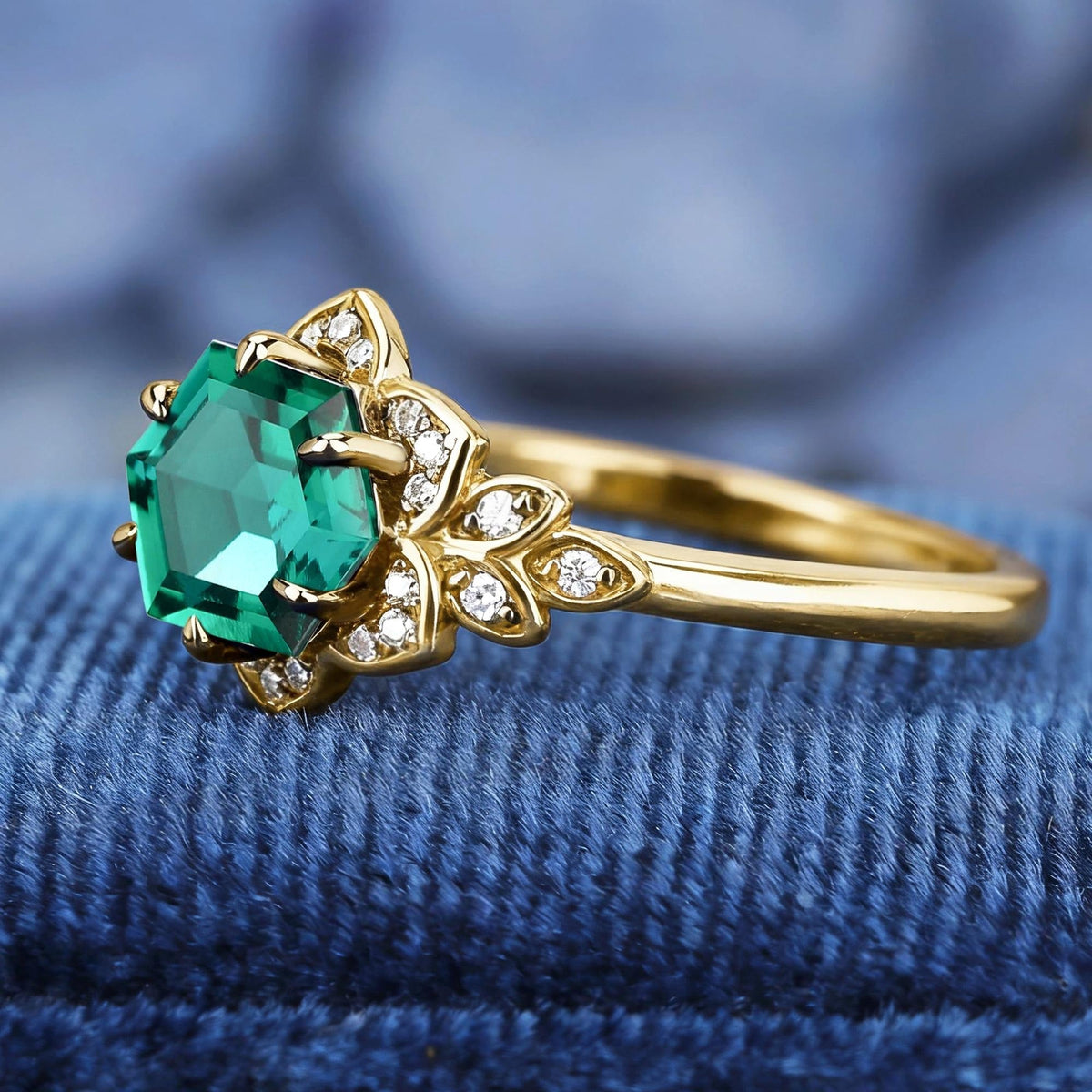 Hexagon Cut Leaf Emerald & Tungsten Couple Ring Set - anerjuly