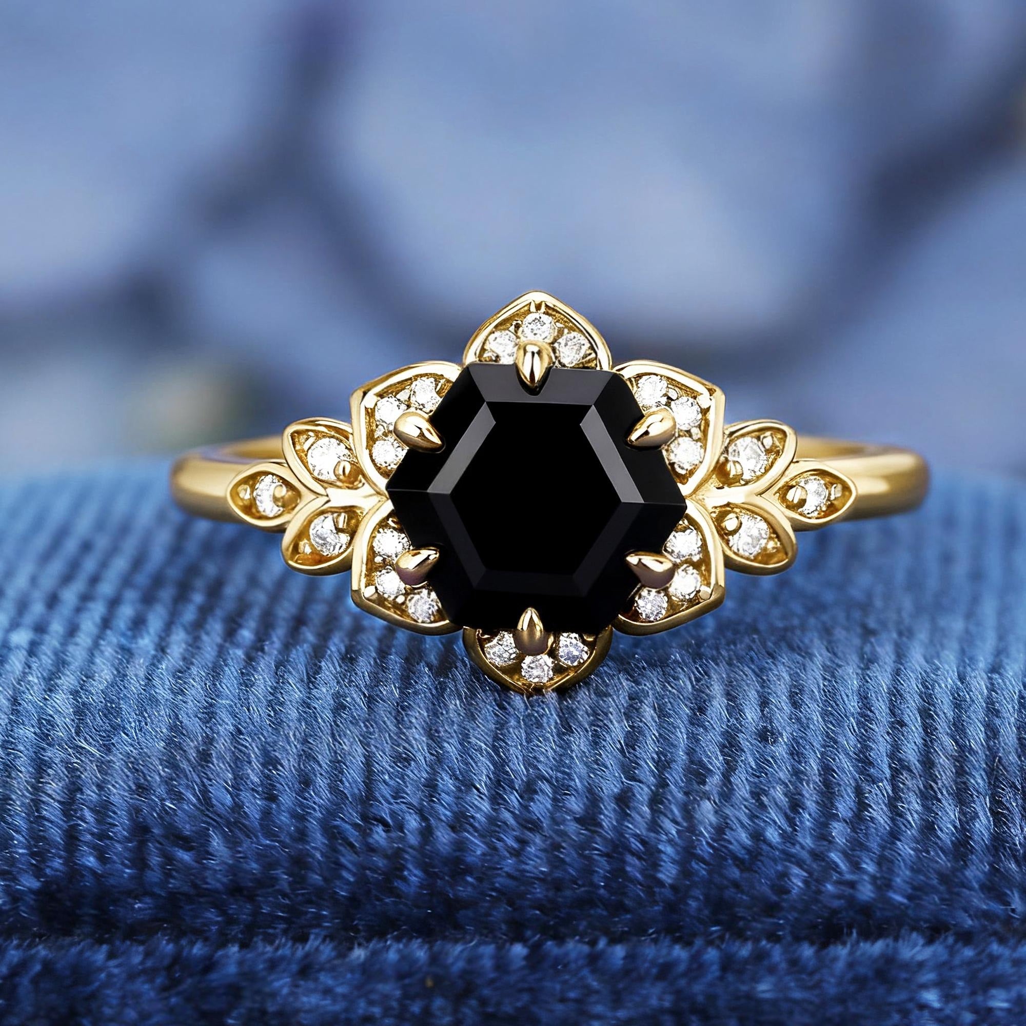 Hexagon Cut Natural Black Onyx S925 Ring For Women Flowery Design Bridal Engagement Ring - anerjuly