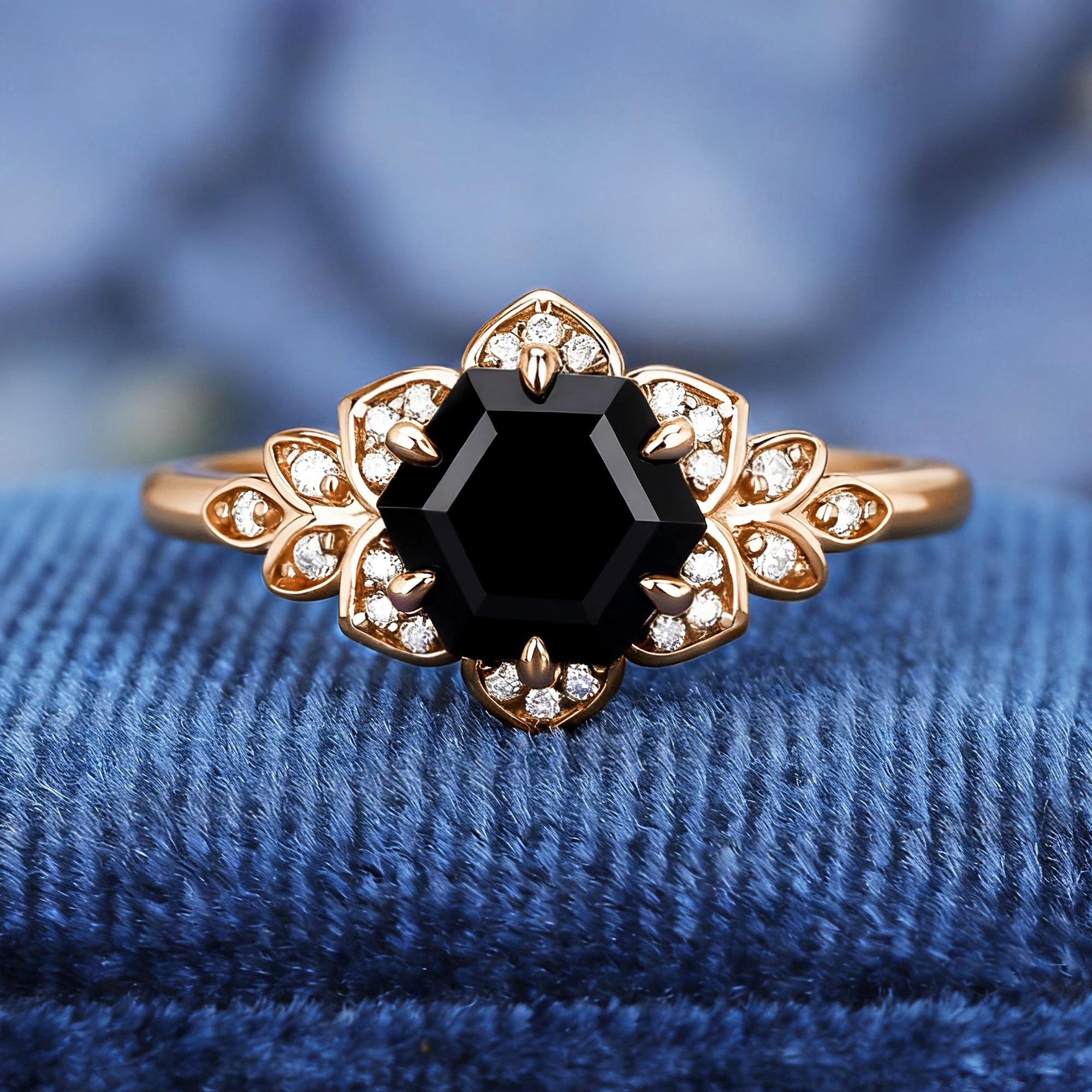 Hexagon Cut Natural Black Onyx S925 Ring For Women Flowery Design Bridal Engagement Ring - anerjuly