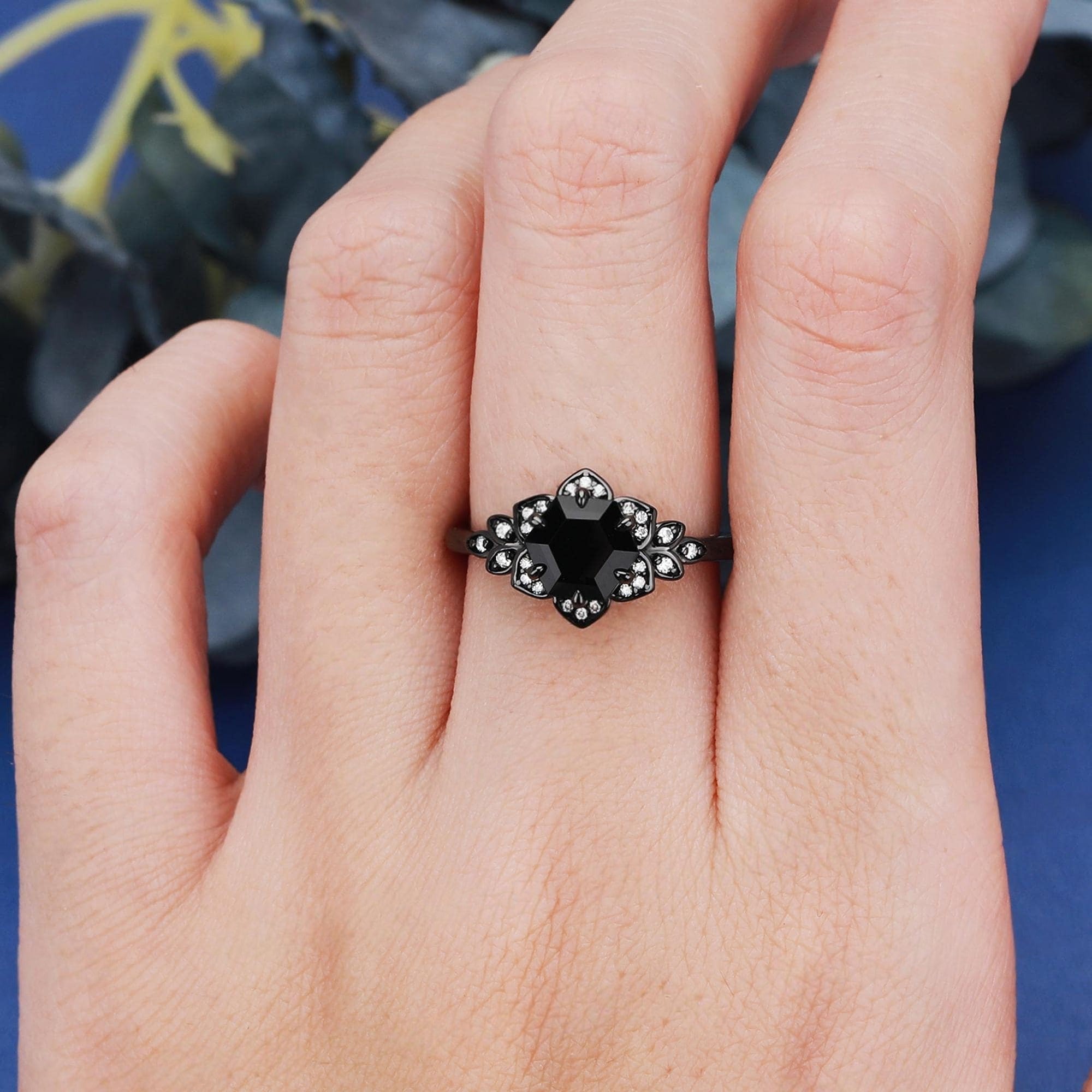 Hexagon Cut Natural Black Onyx S925 Ring For Women Flowery Design Bridal Engagement Ring - anerjuly