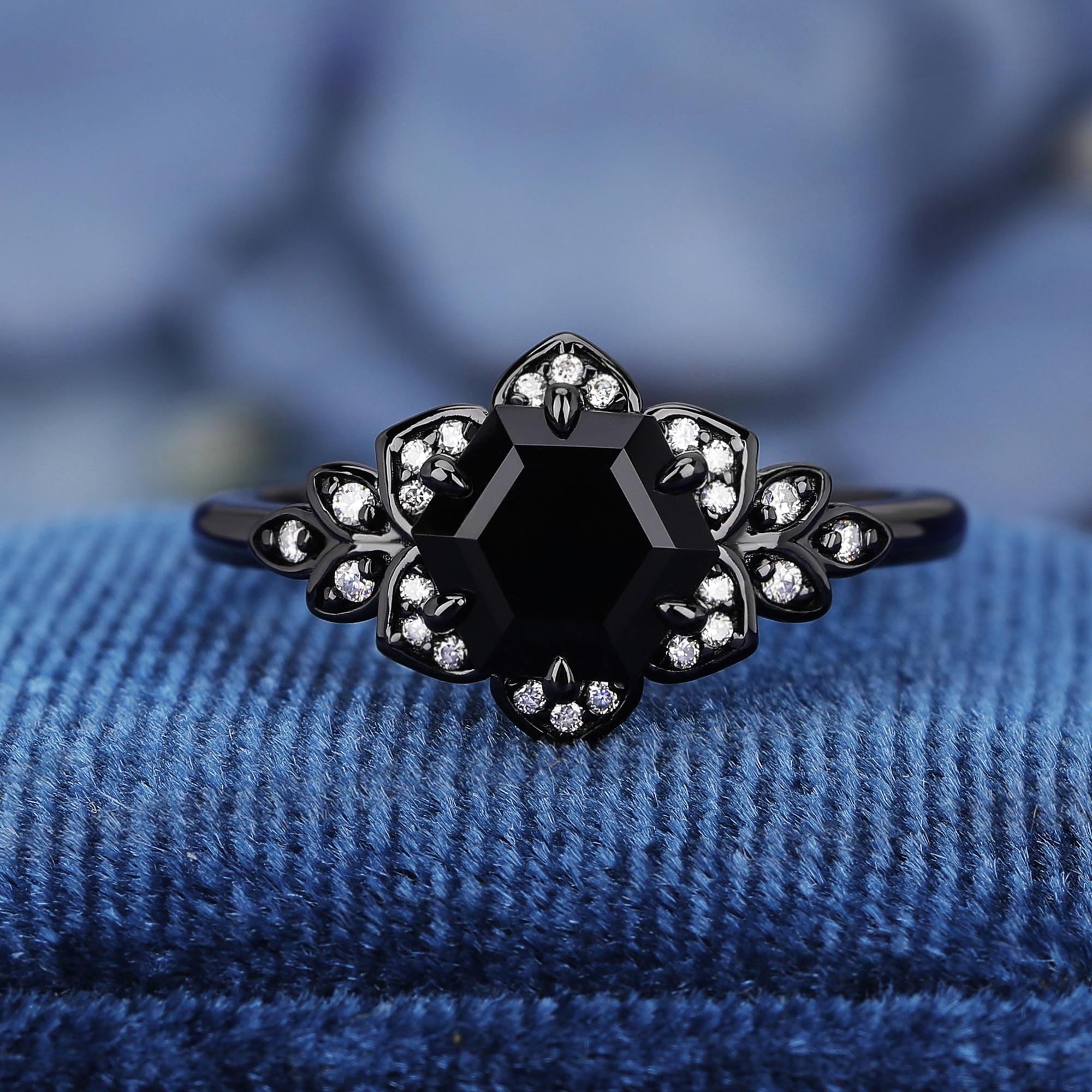 Hexagon Cut Natural Black Onyx S925 Ring For Women Flowery Design Bridal Engagement Ring - anerjuly