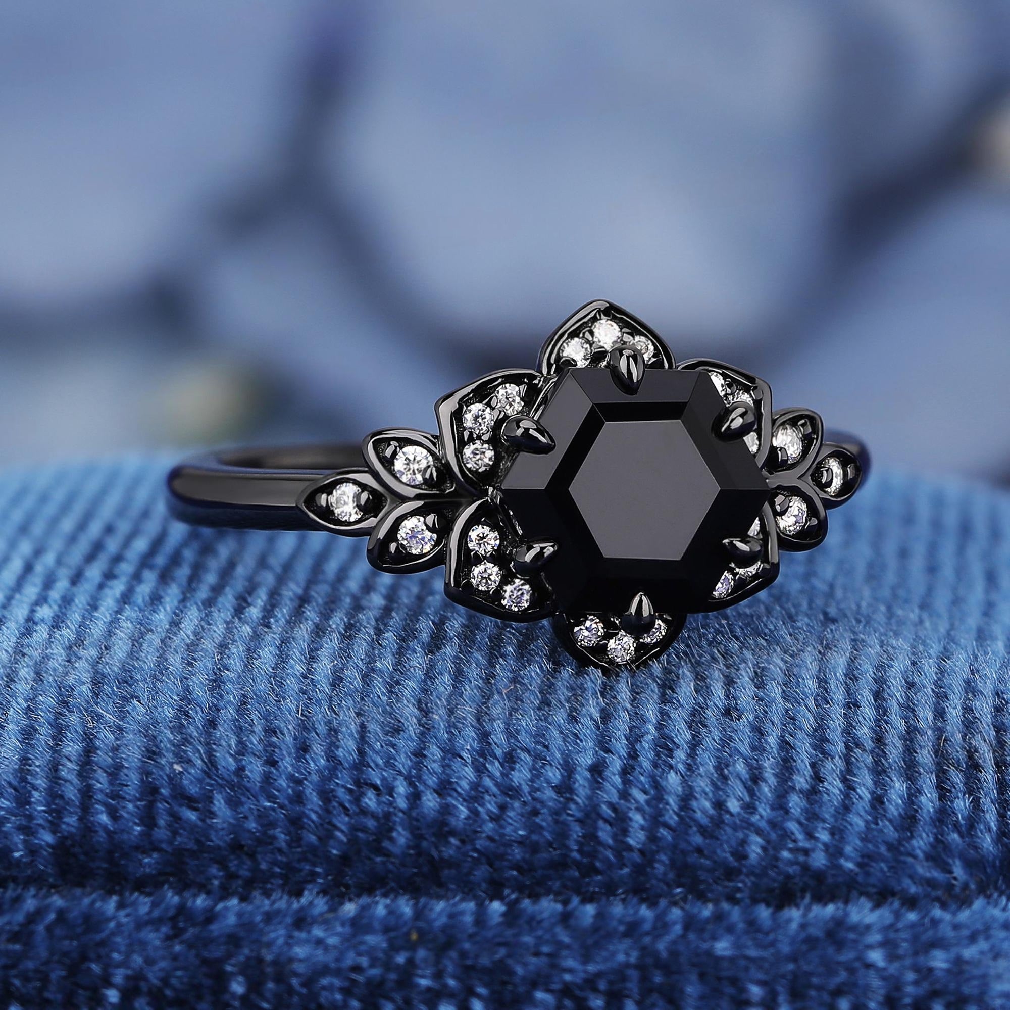 Hexagon Cut Natural Black Onyx S925 Ring For Women Flowery Design Bridal Engagement Ring - anerjuly