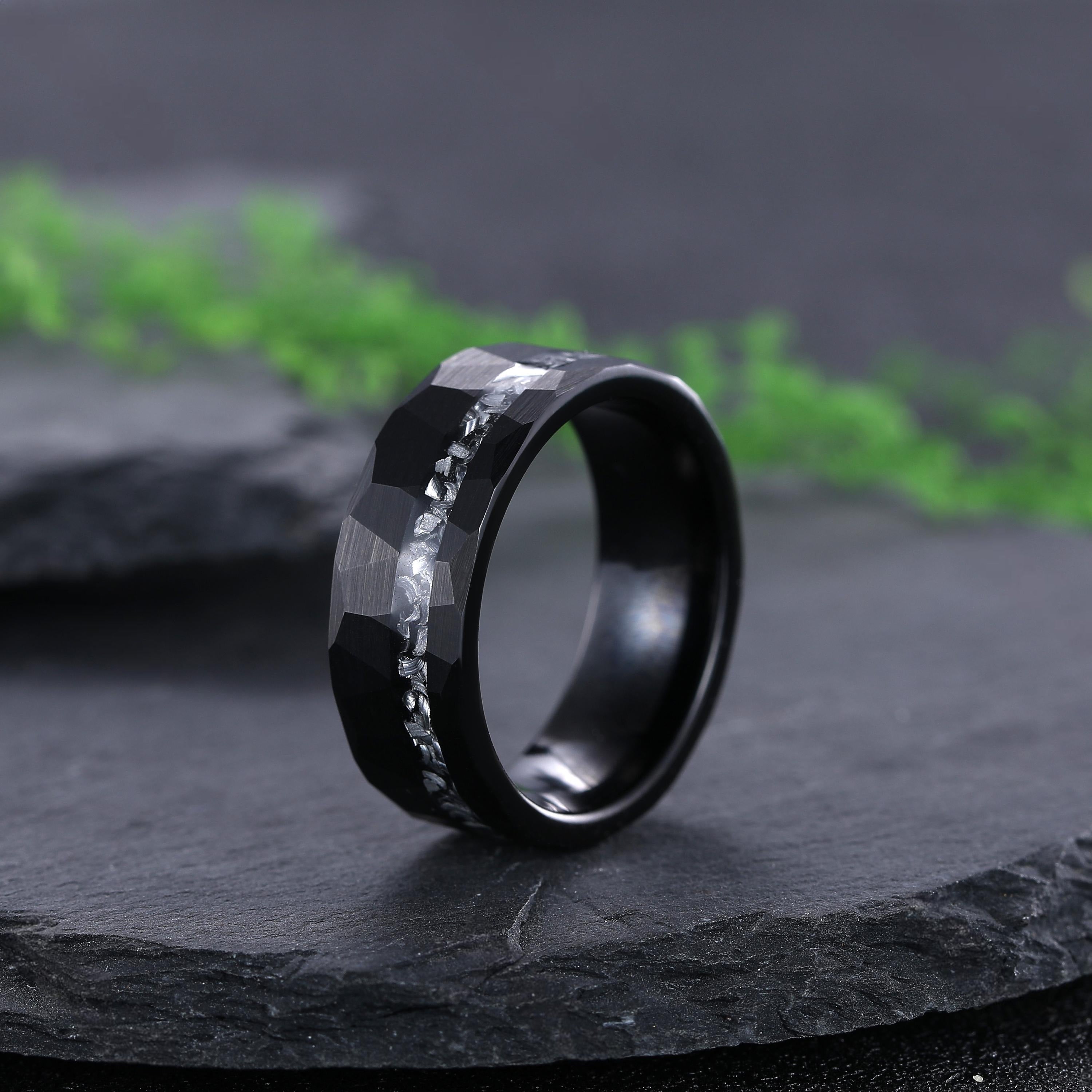 Hexagon Cut Vintage Black Onyx Couple Ring Set Rose Gold Black Tungsten Wedding Band for His and Her Promise Ring - anerjuly