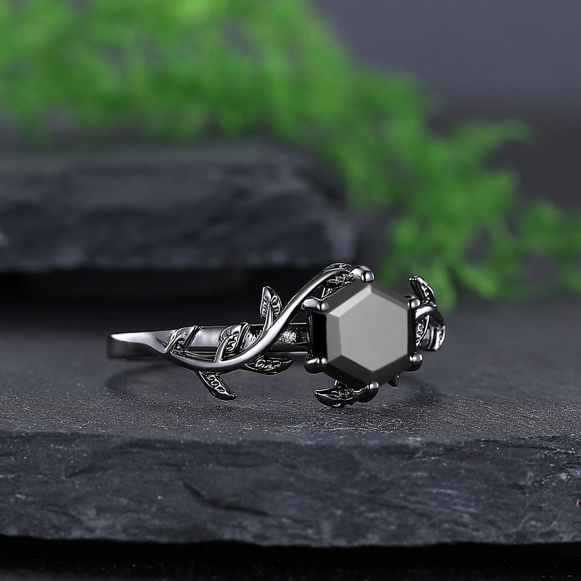 Hexagon Cut Vintage Black Onyx Couple Ring Set Rose Gold Black Tungsten Wedding Band for His and Her Promise Ring - anerjuly
