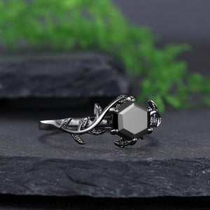 Hexagon Cut Vintage Black Onyx Couple Ring Set Rose Gold Black Tungsten Wedding Band for His and Her Promise Ring - anerjuly