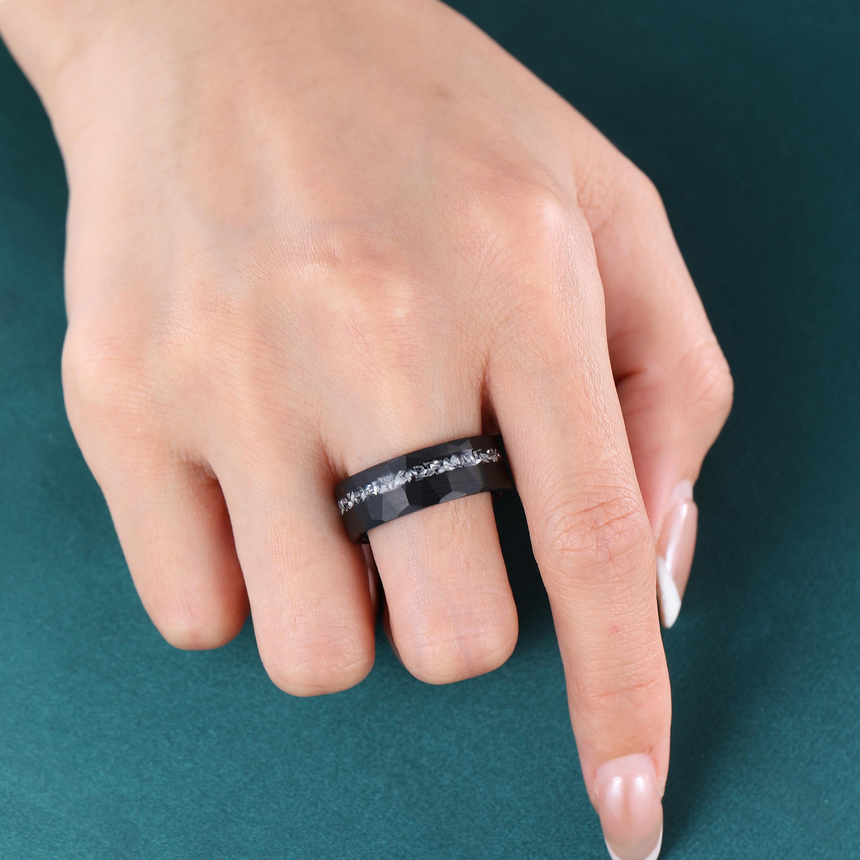 Hexagon Cut Vintage Black Onyx Couple Ring Set Rose Gold Black Tungsten Wedding Band for His and Her Promise Ring - anerjuly