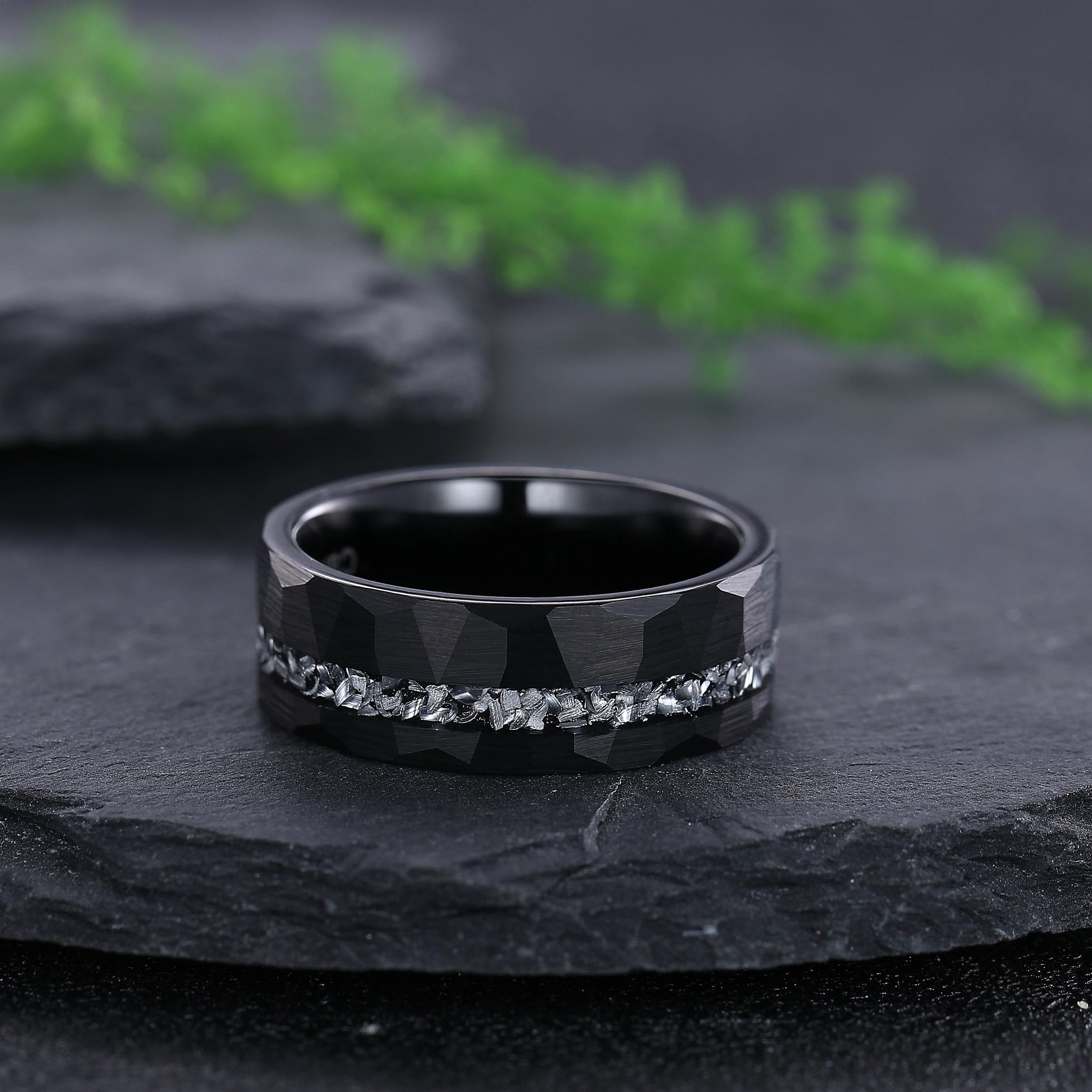 Hexagon Cut Vintage Black Onyx Couple Ring Set Rose Gold Black Tungsten Wedding Band for His and Her Promise Ring - anerjuly
