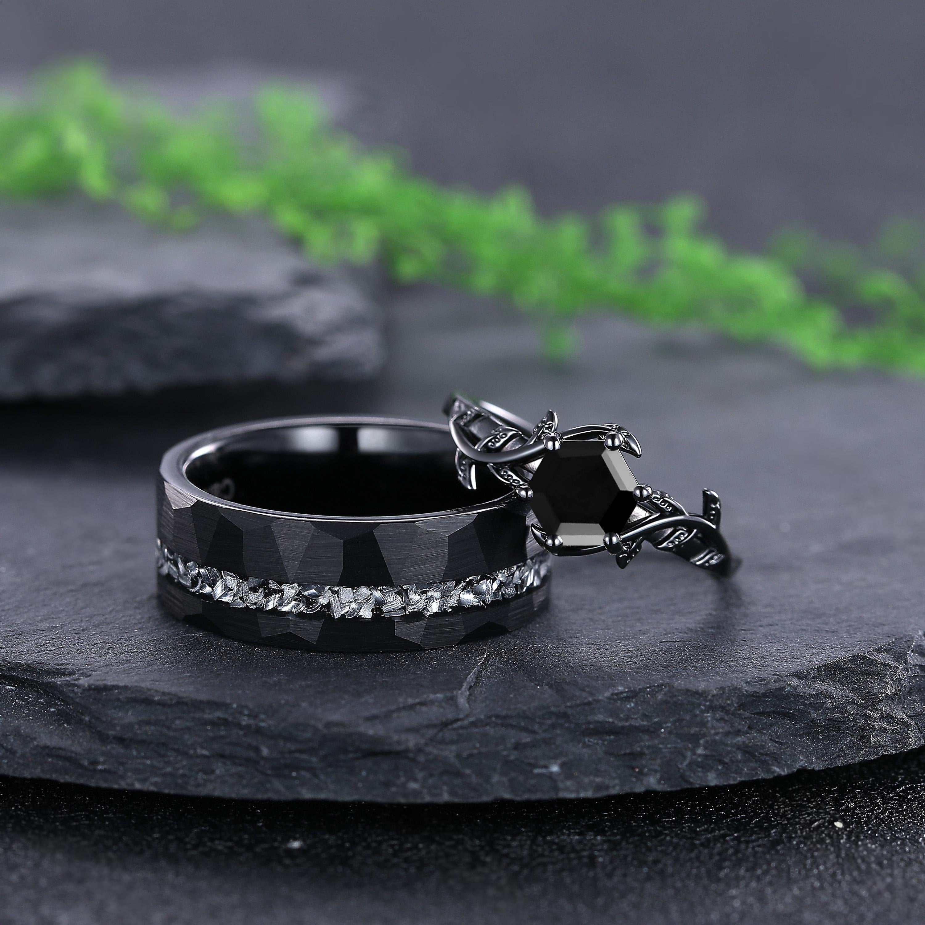 Hexagon Cut Vintage Black Onyx Couple Ring Set Rose Gold Black Tungsten Wedding Band for His and Her Promise Ring - anerjuly