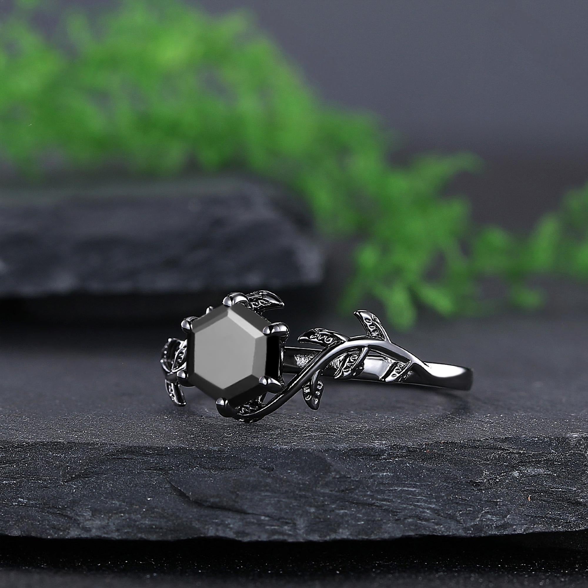 Hexagon Cut Vintage Black Onyx Couple Ring Set Rose Gold Black Tungsten Wedding Band for His and Her Promise Ring - anerjuly