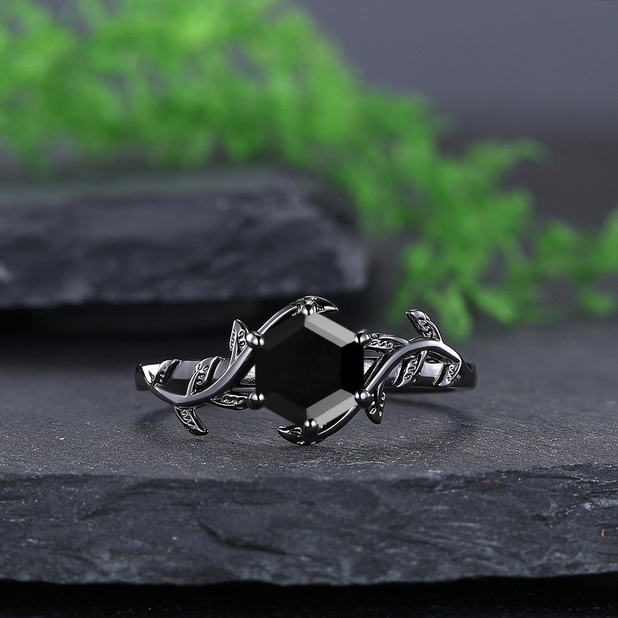 Hexagon Cut Vintage Black Onyx Couple Ring Set Rose Gold Black Tungsten Wedding Band for His and Her Promise Ring - anerjuly