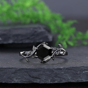 Hexagon Cut Vintage Black Onyx Couple Ring Set Rose Gold Black Tungsten Wedding Band for His and Her Promise Ring - anerjuly