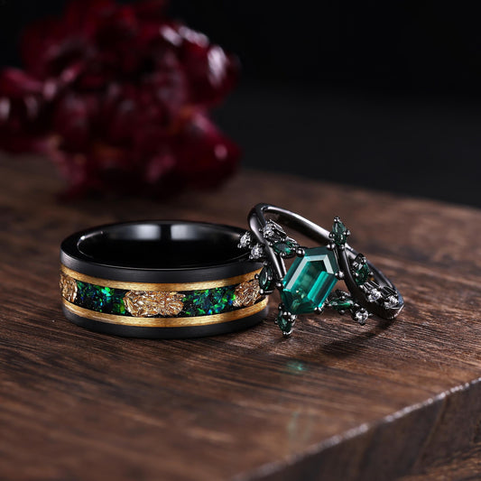 Hexagon Emerald Couple Ring His&Her Matching Wedding Band Emerald And Emerald Engagement Ring Tungsten Ring Leaf Design Bridal Ring Custom - anerjuly