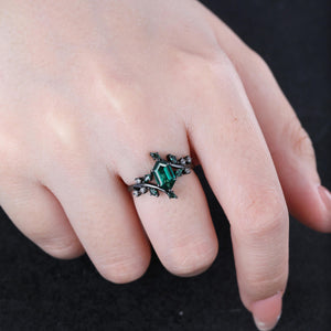 Hexagon Emerald Couple Ring His&Her Matching Wedding Band Emerald And Emerald Engagement Ring Tungsten Ring Leaf Design Bridal Ring Custom - anerjuly