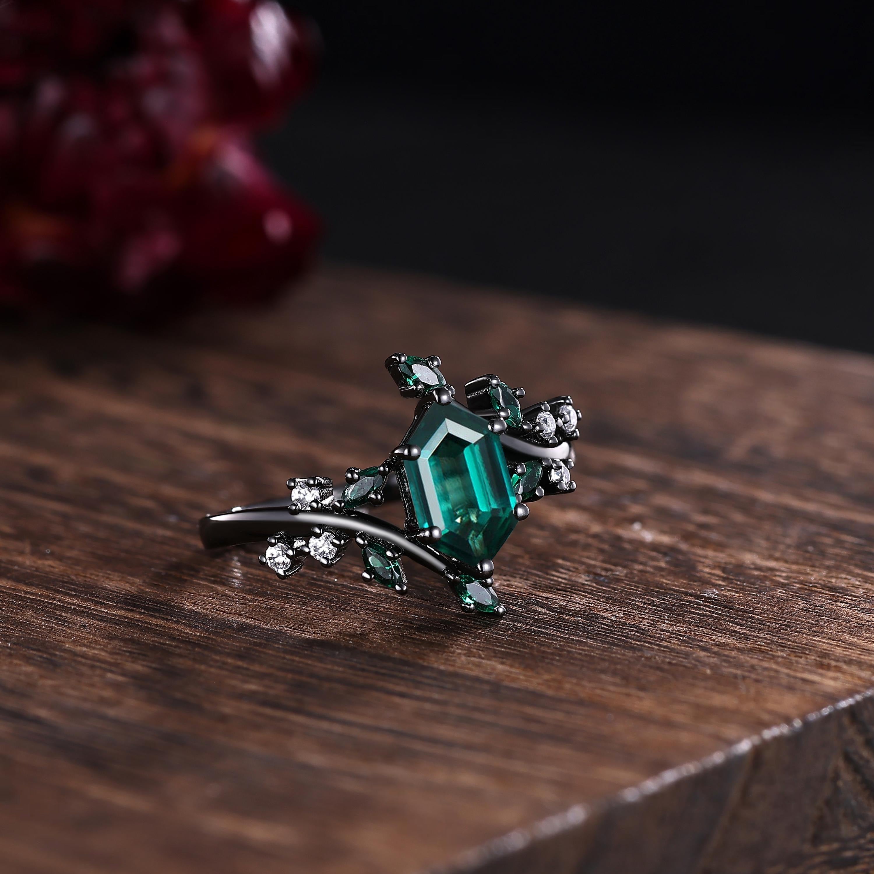 Hexagon Emerald Couple Ring His&Her Matching Wedding Band Emerald And Emerald Engagement Ring Tungsten Ring Leaf Design Bridal Ring Custom - anerjuly