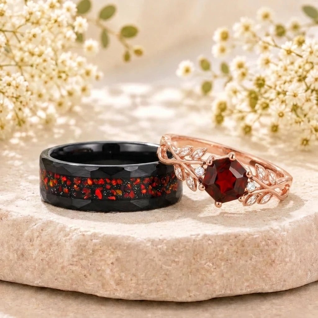 Hexagon Natural Garnet Leaf Couple Ring Set Nature Inspired Matching Wedding Rings - anerjuly