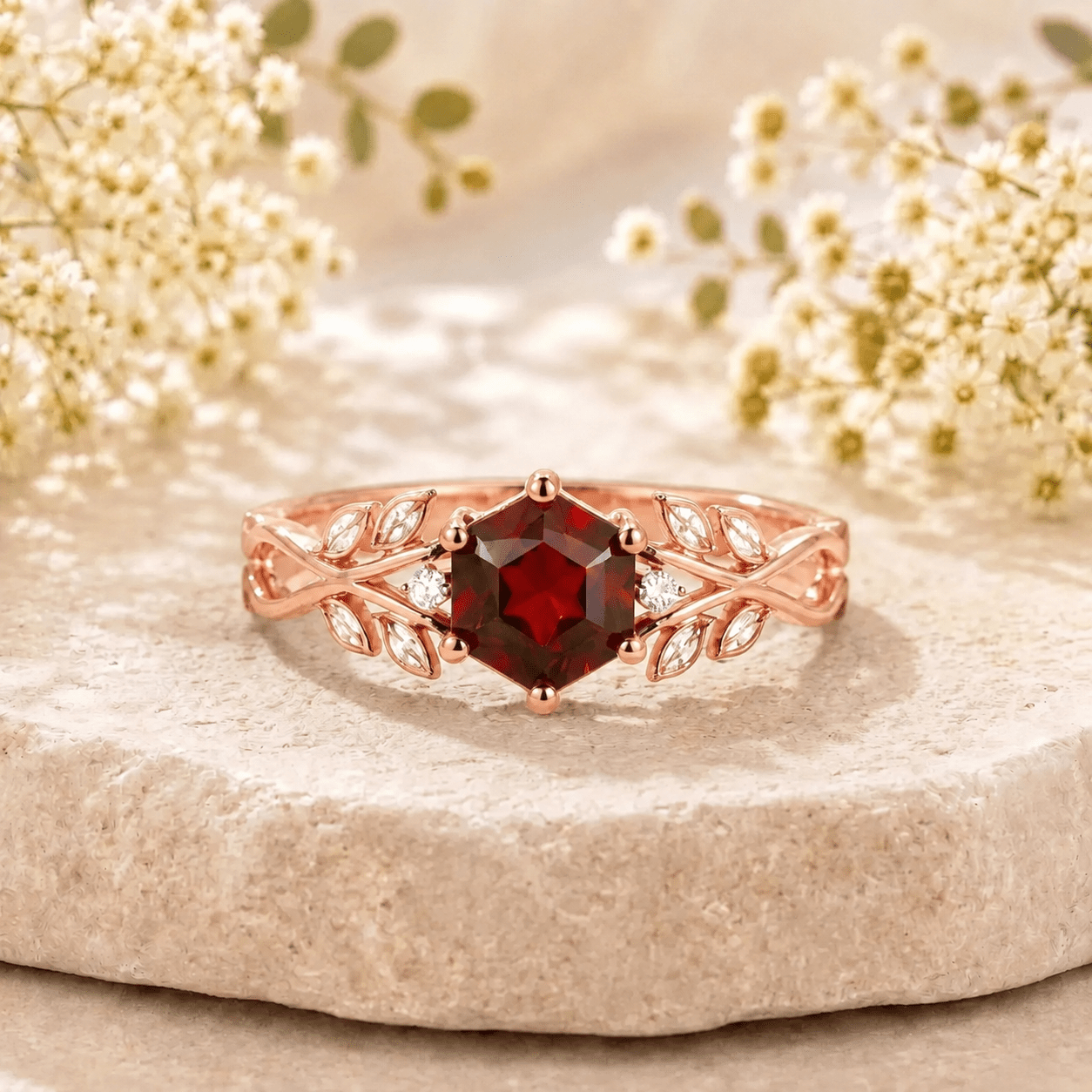 Hexagon Natural Garnet Leaf Couple Ring Set Nature Inspired Matching Wedding Rings - anerjuly