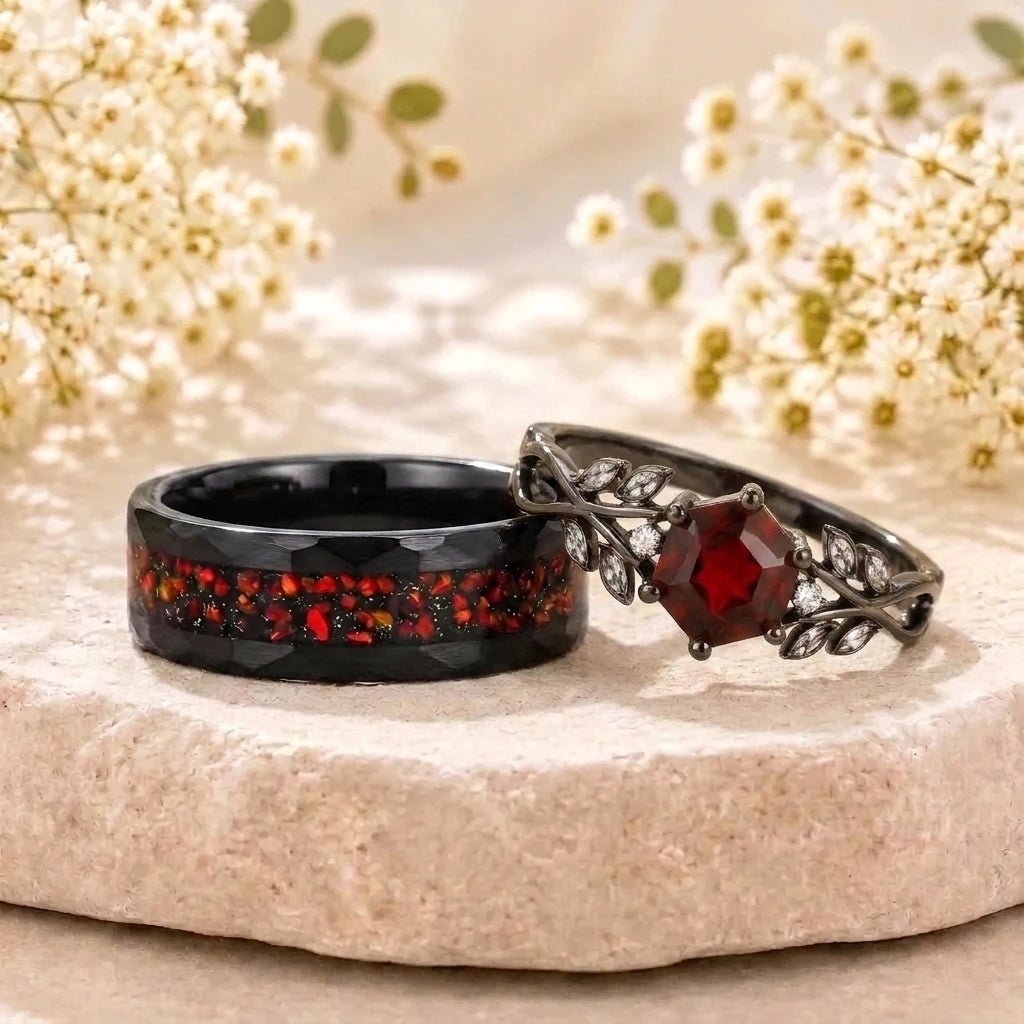 Hexagon Natural Garnet Leaf Couple Ring Set Nature Inspired Matching Wedding Rings - anerjuly