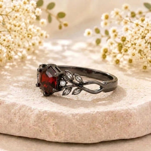 Hexagon Natural Garnet Leaf Engagement Ring Nature Inspired Women's Ring - anerjuly