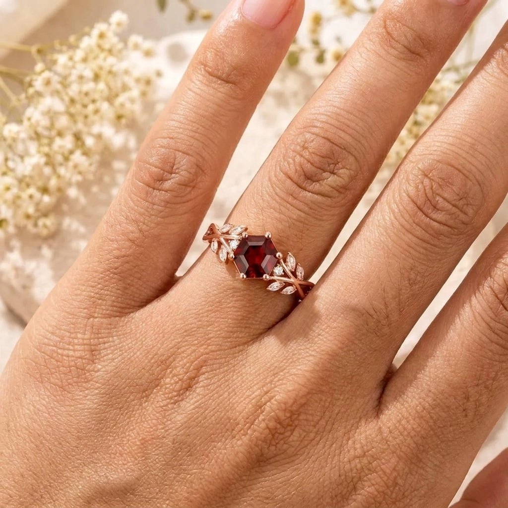Hexagon Natural Garnet Leaf Engagement Ring Nature Inspired Women's Ring - anerjuly