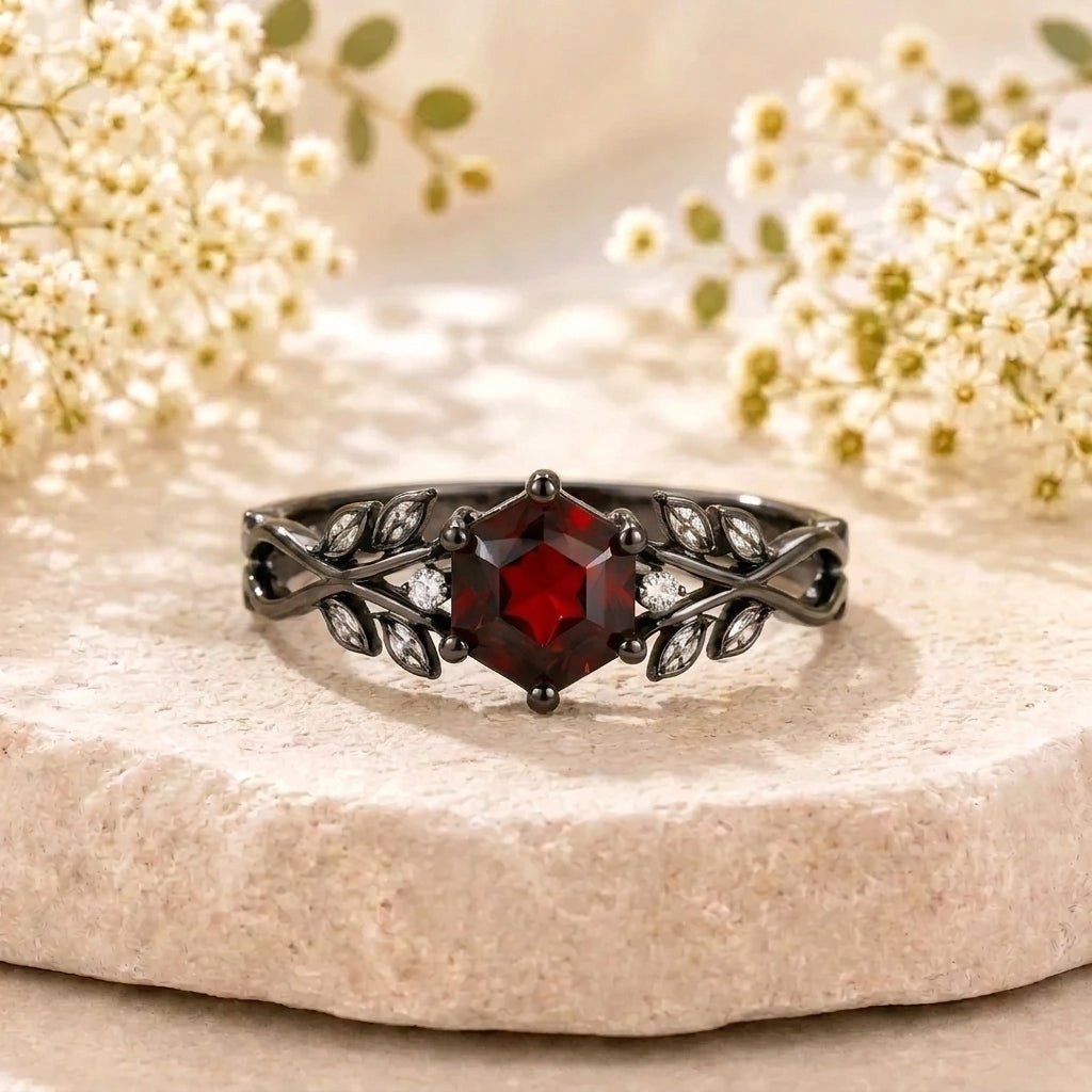 Hexagon Natural Garnet Leaf Engagement Ring Nature Inspired Women's Ring - anerjuly