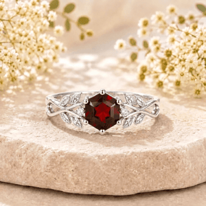 Hexagon Natural Garnet Leaf Engagement Ring Nature Inspired Women's Ring - anerjuly