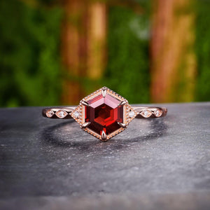 Hexagon Natural Red Garnet Engagement Ring Set Leaf Women Bridal Promise Ring - anerjuly
