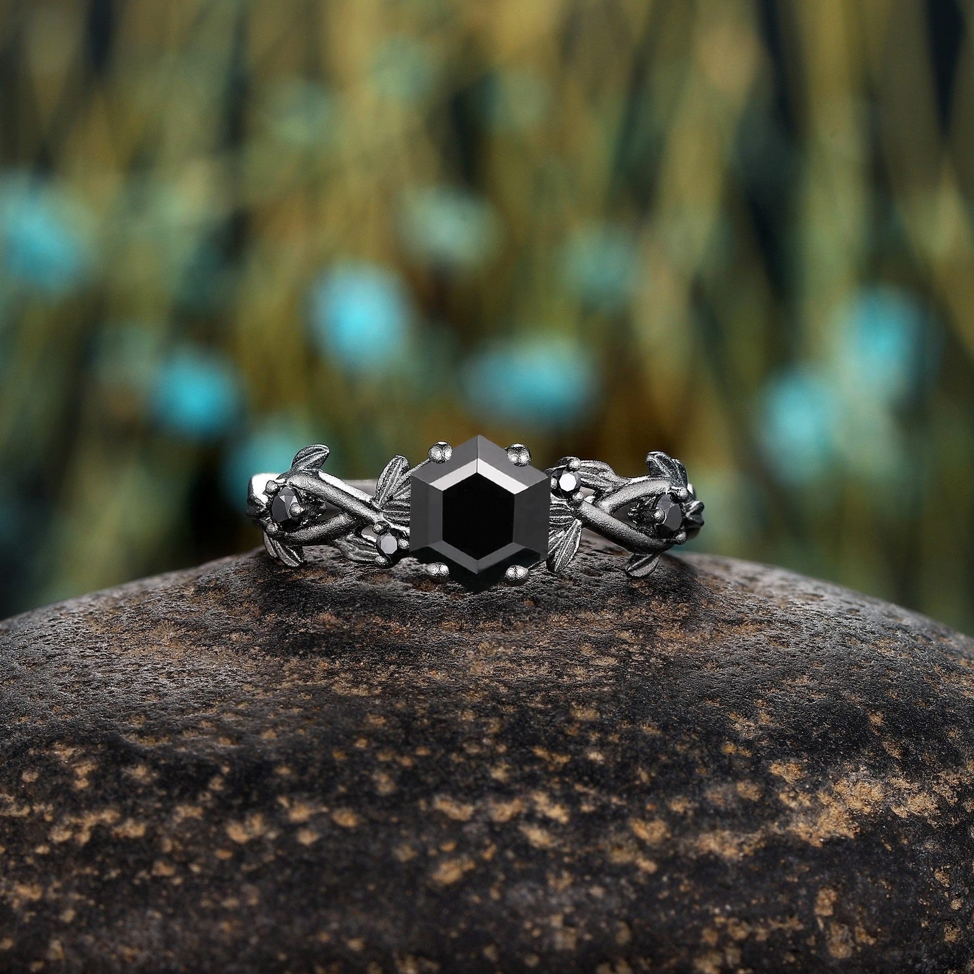 Hexagon Shaped Natural Black Onyx S925 Ring Twig Nature Inspired Bridal Engagement Ring - anerjuly