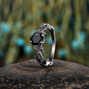 Hexagon Shaped Natural Black Onyx S925 Ring Twig Nature Inspired Bridal Engagement Ring - anerjuly